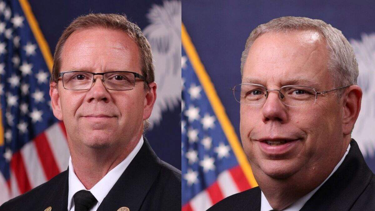 Chief Paul Boulware (left) took over as the head of the Bluffton Township Fire District from Chief John Thompson Jr. (right) starting Dec. 15 after a ceremony was held at one of the district’s firehouses to celebrate Thompson’s 38-year career.