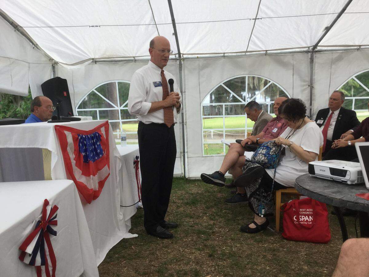 Beaufort County Auditor Jim Beckert addresses attendees of a Beaufort County South Carolina Republican Party candidate forum on Thursday, May 17, at Rose Hill in Bluffon, S.C.