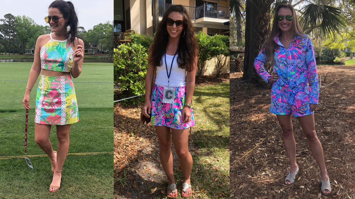 From left: Alessandra Pizzorni, from Atlanta, thought it best to dress in a Lilly Pulitzer coordinated two-piece — "I wanted to 'dress golf,' rain or shine," Pizzorni said; Ashley Campbell paired her bright Lilly Pulitzer skirt with a simple white top; A neon Lilly Pulitzer romper with a long zipper makes using the ladies' room a bit easier.