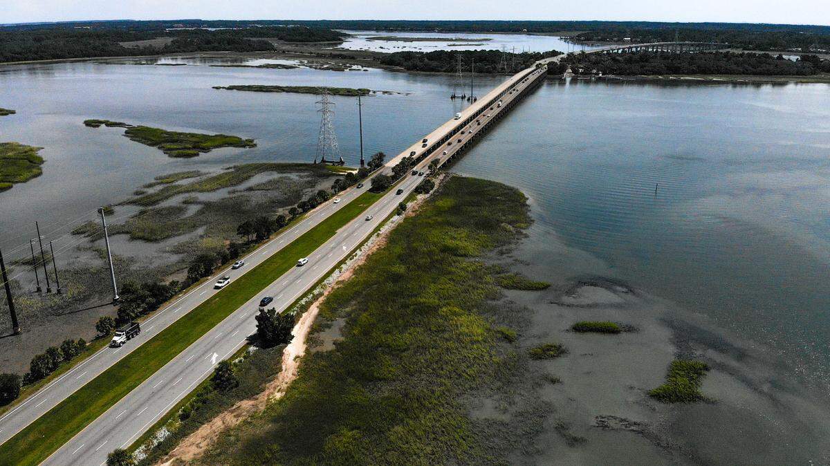 A look at the Karl S. Bowers Bridge over Mackay Creek to Hilton Head Island photographed on Sept. 8, 2023, from Buckingham Landing in Bluffton. A 24-inch-wide pipe bored under the creek to the right of the bridges supplies 20 percent of the island’s drinking water and will have to be moved for the U.S. 278 Corridor Project.