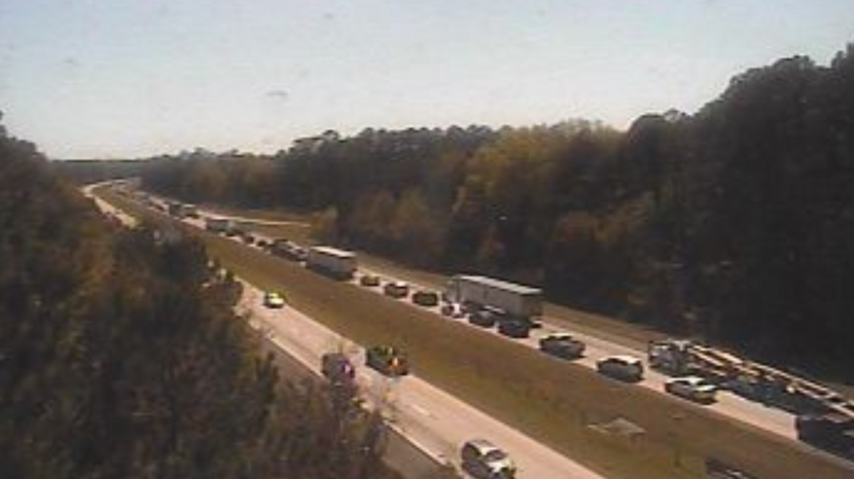 Traffic on I-95 southbound near exit 8 just before 3 p.m. on March 23. A collision near the state line has closed down the right lane and backed up traffic for at least 8 miles.