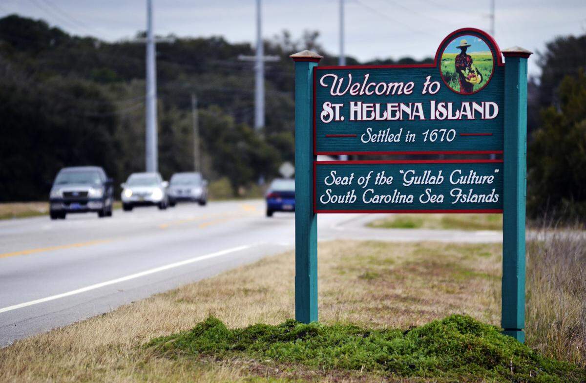 The welcome to St. Helena Island sign near the intersection of Oaks Plantation Road and Sea Island Parkway.