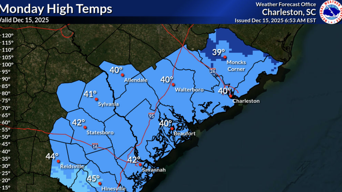 Even with full sunshine on Monday, Dec. 15, temperatures are slow to recover to winter normals for the region. Monday highs according to the National Weather Service.