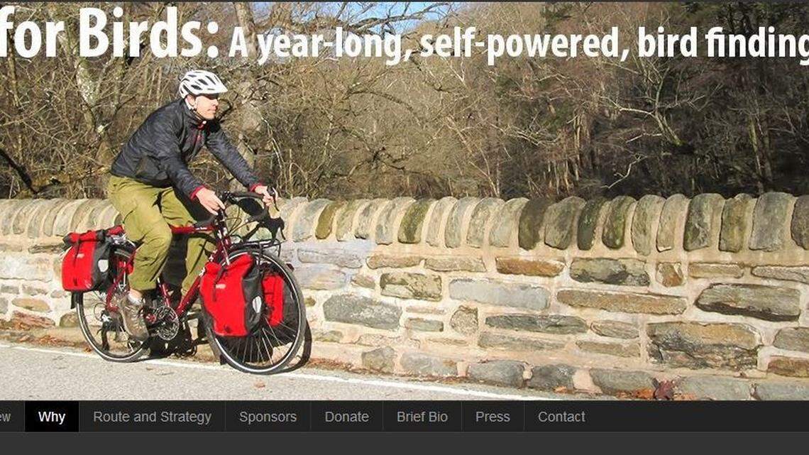 A screen capture of Dorian Anderson's blog, where he is chronicling his yearlong quest to pedal across North America and see as many bird species as possible.