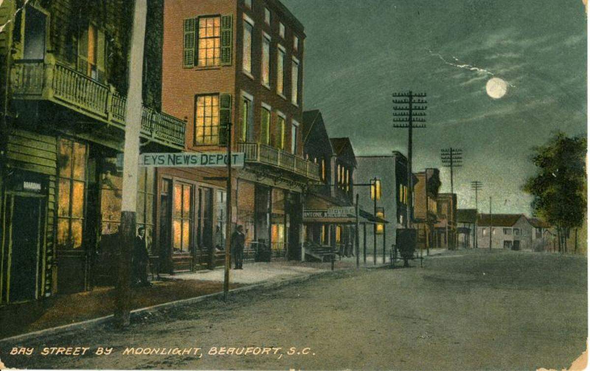 “Bay Street By Moonlight,” a postcard of the Beaufort business district at night. Correspondence postmarked Dec. 5, 1917.