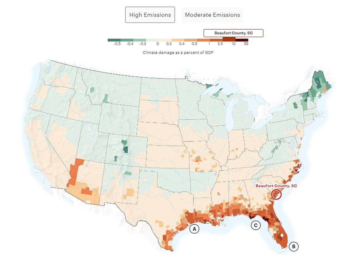 In Beaufort County, climate-driven changes could account for a 1% to 3.5% decrease in GDP in a moderate emission situation or between 3.5% and 10% decrease in a high emission situation.