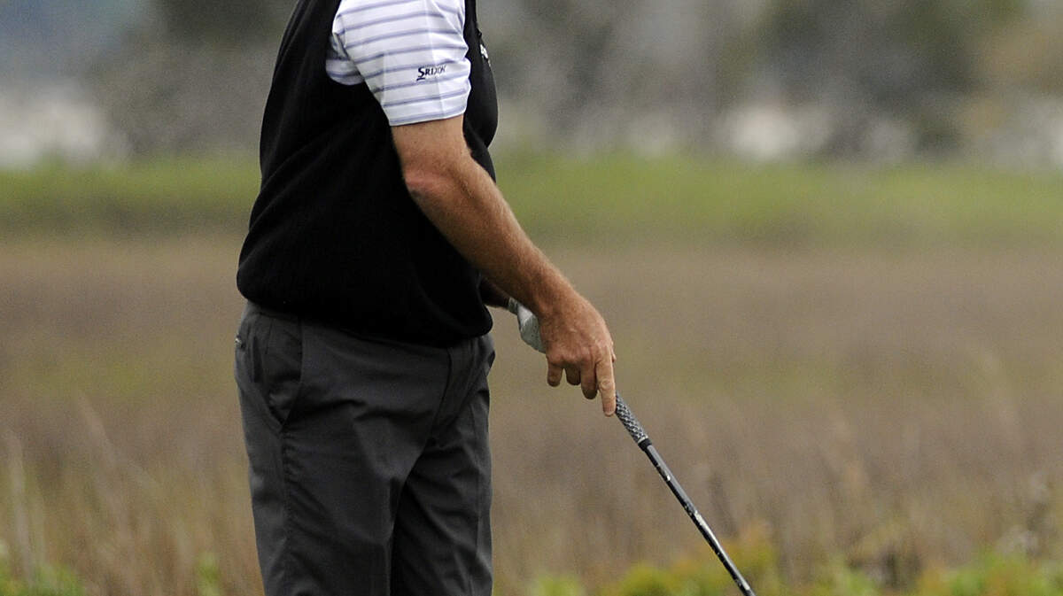 Jerry Kelly reacts after hitting the ball from the fairway at No. 18 on Saturday afternoon during the third round of the RBC Heritage Presented by Boeing at Harbour Town Golf Links at Sea Pines on Hilton Head Island, S.C.