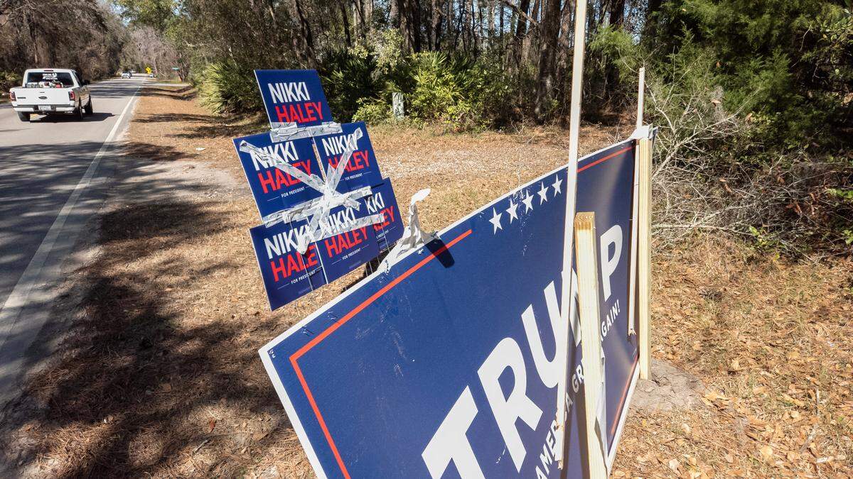 Political signs stacked along Ulmer Road greet voters as they arrive to Precinct 3 at the Bluffton Recreation Center Gymnasium during the GOP Presidential primary for Nikki Haley and Donald Trump in Bluffton.