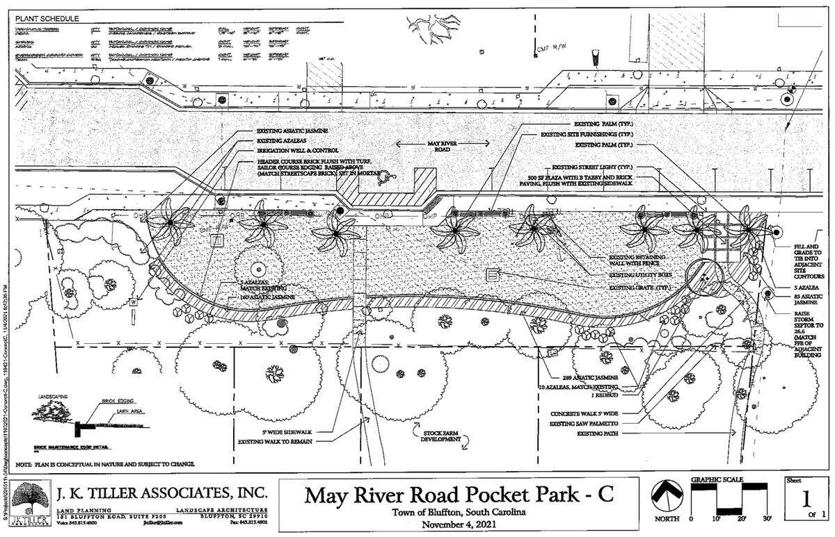Town of Bluffton documents show the conceptual plan for the pocket park planned along May River Road. The park, which does not have a formal name, will have to be reviewed by the town’s Development Review Committee and the Historic Preservation Review Committee.