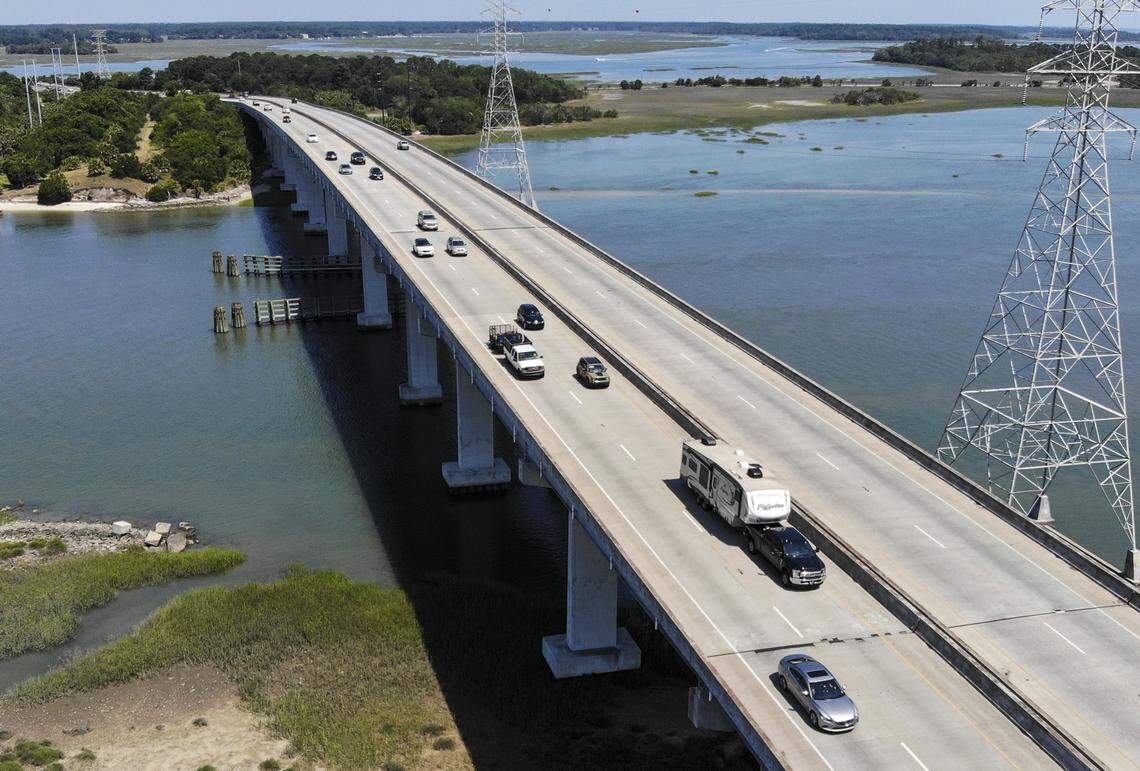 A look at the J. Wilton Graves Bridge as steady eastbound traffic moves over Skull Creek (the Intracoastal Waterway) onto Hilton Head Island.