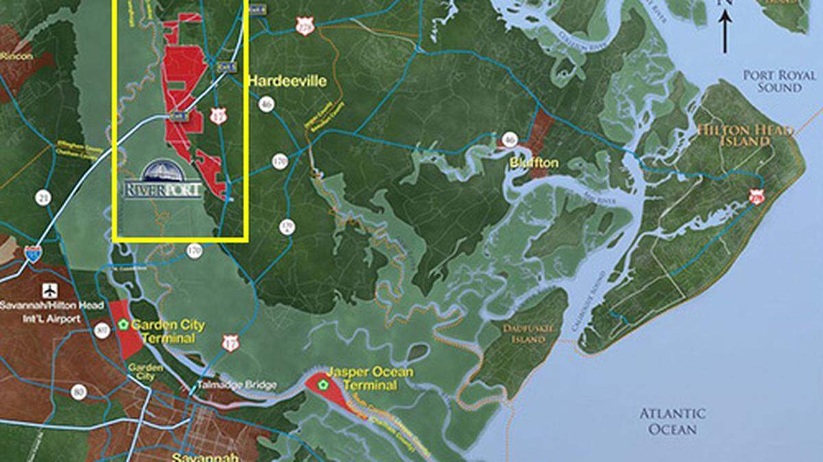 RiverPort is highlighted in yellow over a map created by Stratford Land Co. locating the planned location for RiverPort and other notable commerce sites in the region.