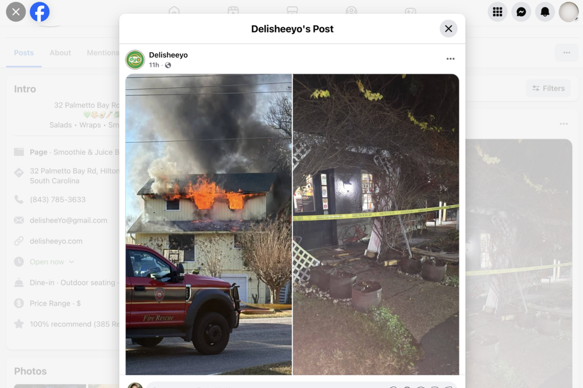 A screenshot of a Facebook posts shows a blaze at the home of Hilton Head Island couple Blake and Maddie Wearren (left) as well as damage to the front of their vegetarian restaurant delisheeyo after a vehicle smashed into the business. Both incidents occurred within hours of each other the morning of Dec. 21, 2025.