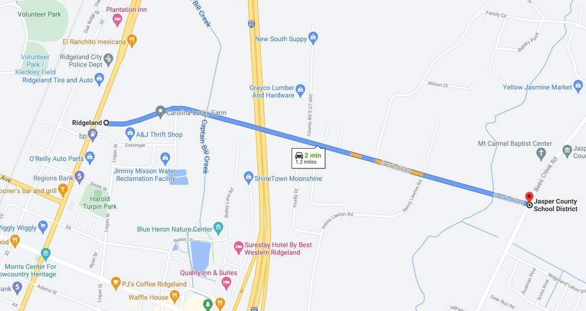 Captain Bill Road connects U.S. 17 in Ridgeland, S.C. with Bees Creek Road in Jasper County, crossing over I-95.