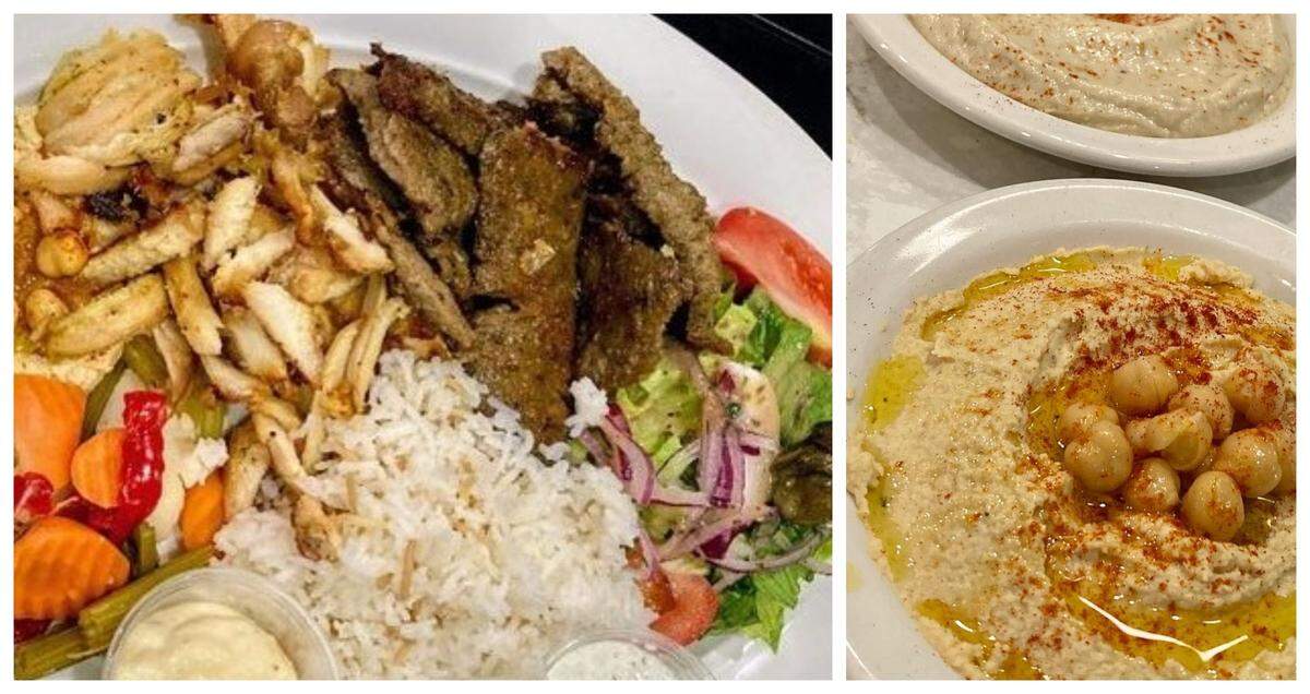 At left, chicken shwarma and lamb gyro share a plate with hummus, salad pickled vegetables, pita bread and basmiti rice at Casablanca Mediterranean Grill on Hilton Head. Right, the starter menu features hummus and baba ganoush.