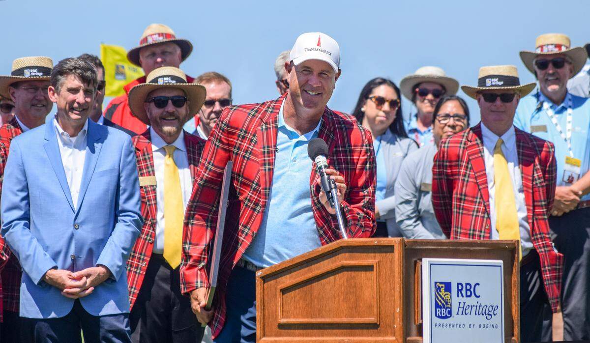 Defending RBC Heritage Presented By Boeing champion Stewart Cink speaks to those in attendance during opening ceremonies on Tuesday, April 12, 2022 at Harbour Town Golf Links in Sea Pines on Hilton Head Island.