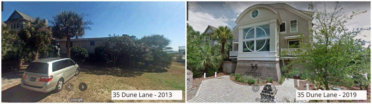 A side-by-side shows developments on Dune Lane on Hilton Head Island between 2013 and 2019. Now, the new home is advertised to fit 22 people in 7 bedrooms.