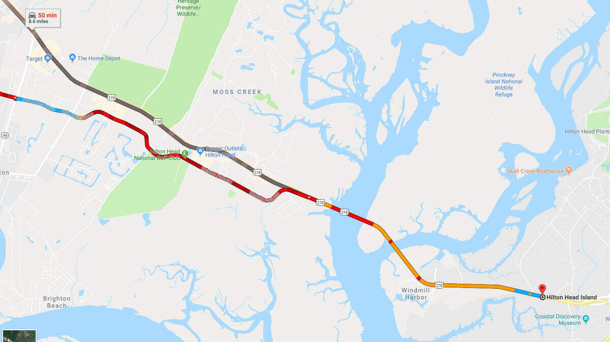 Google Maps screenshot of traffic congestion on both U.S. 278 and Bluffton Parkway, Friday morning.