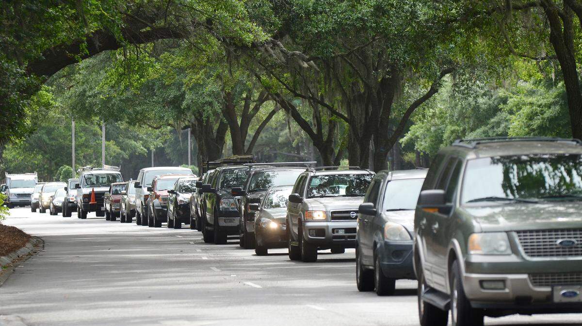 Traffic leaving Sea Pines backs up at Sea Pines Circle on May 7, 2015. The backups on Greenwood Drive can sometimes extend the not inconsiderable distance from the circle to past the guard gates at the plantation's entrance.