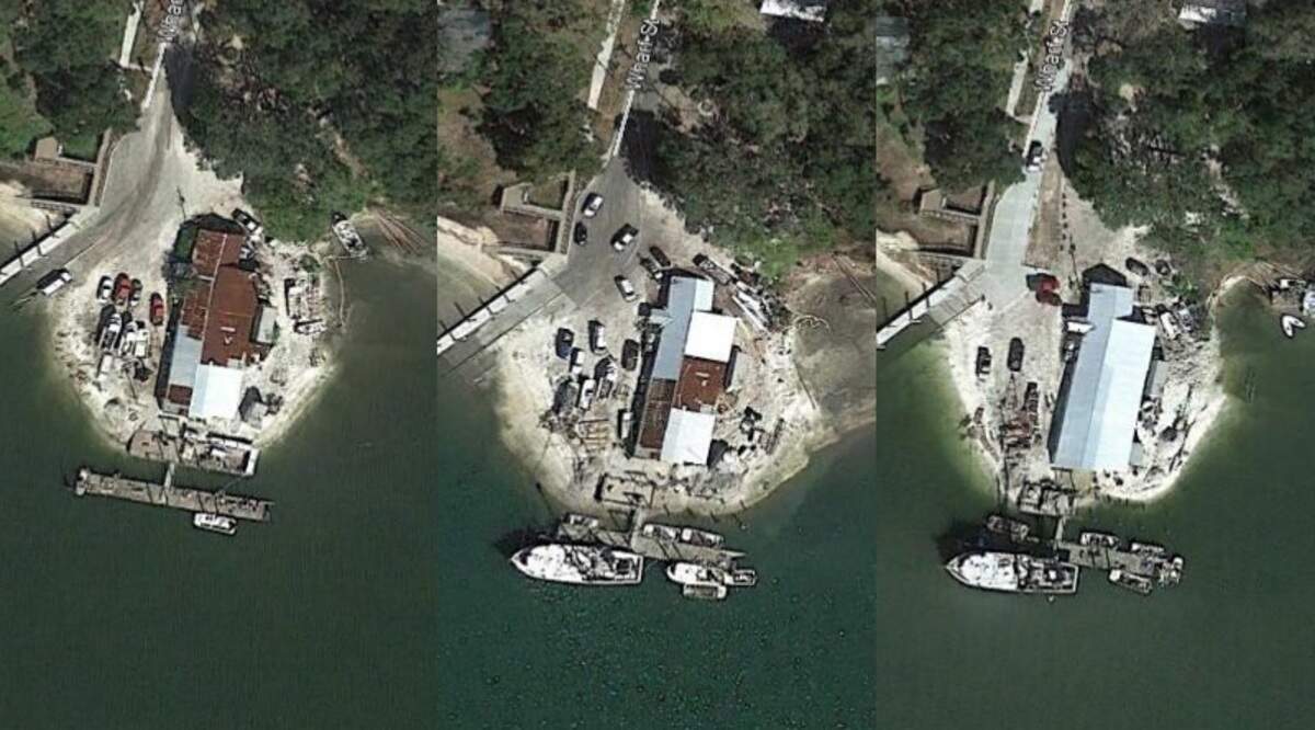 Satellite imagery from 2016 (left), 2018 (center), and 2019 (right) show the Bluffton Oyster Company’s degraded roof being replaced with a new one.