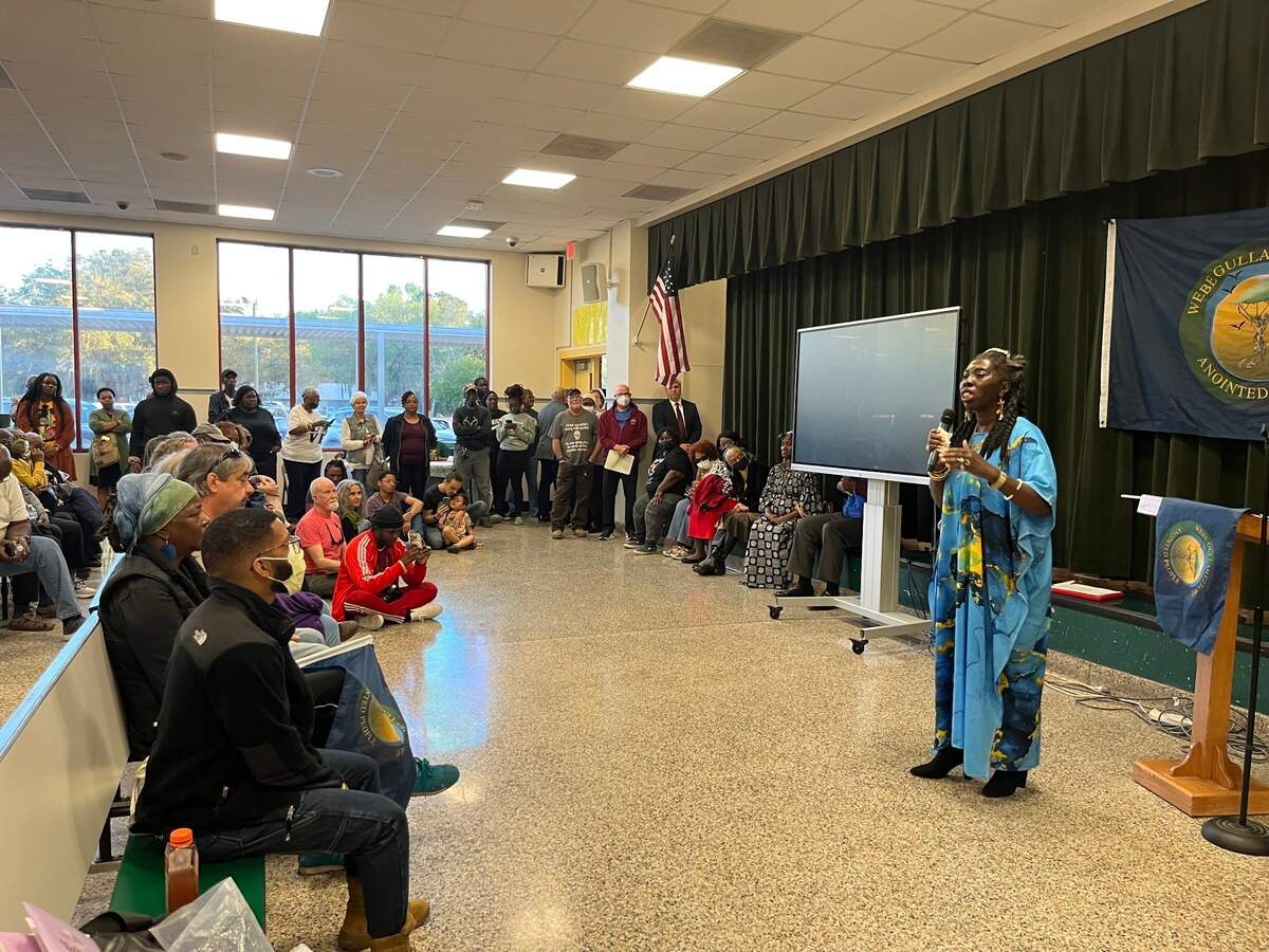 Marquetta L. Goodwine, or Queen Quet, chieftess of the Gullah/Geechee Nation, speaks in support of the Cultural Protection Overlay (CPO) zoning on St. Helena Island, where a golf course and housing development is proposed. “We wrote a law here like no other,” said Goodwine of the CPO.