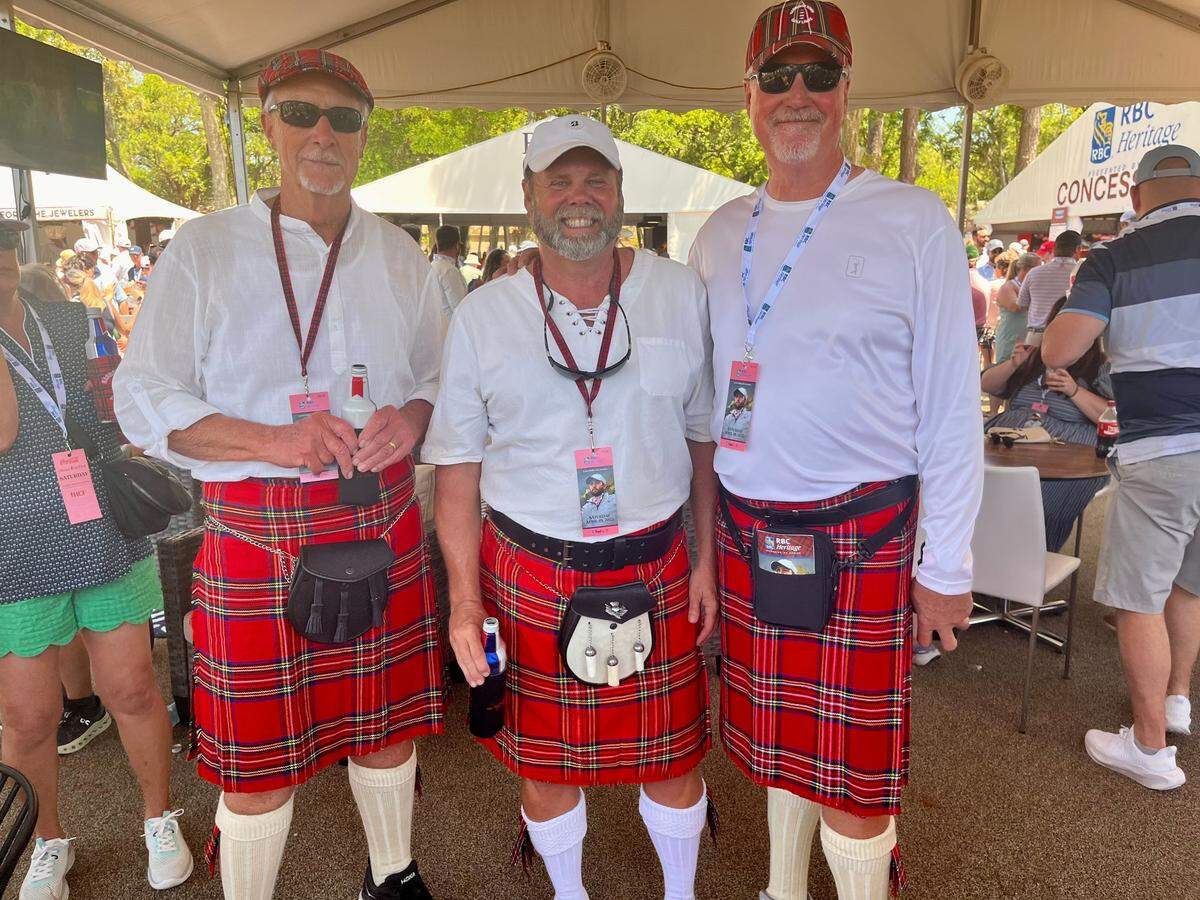 From left to right, Larry, Curly and Moe show up in their Scottish tartan plaid kilts for Plaid Nation Day at the 2025 RBC Heritage Presented by Boeing, Saturday, April 19, 2025.
