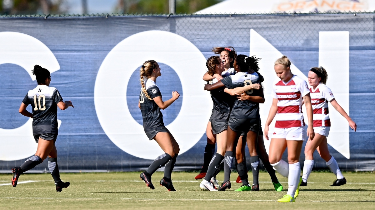 Vanderbilt Women’s Soccer midfielder Abi Brighton, second from left, celebrating with teammates after bringing down No. 6 Arkansas at the SEC tournament in Orange Beach, Ala., Nov. 22, 2020.