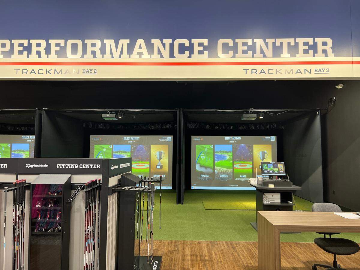 The back of Hilton Head’s Golf Galaxy Performance Center includes four hitting bays.