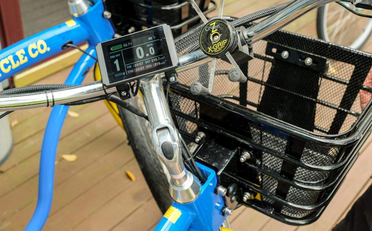 The battery-powered bikes at Hilton Head Bicycle Company, as seen on Tuesday, April 20, 2021, have a digital display, a cellphone holder, a heavy-duty basket and a light on the front and back of the bike.