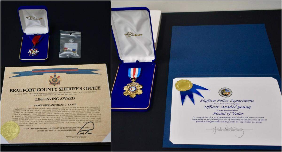 Beaufort County Sheriff P.J. Tanner and Bluffton Chief of Police Joseph Babkiewicz handed out high honors after two officers rescued a passenger trapped in a burning car seconds before it was engulfed in flames on Sunday, Sept. 22, 2024 in Bluffton, South Carolina.