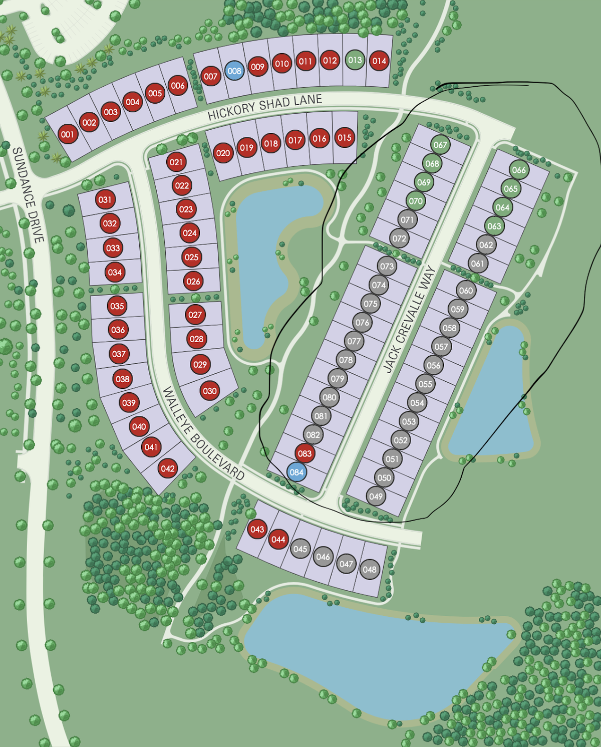 Phase 13, pictured, includes 84 homesites. This phase of homes will likely be completed in the next 12-18 months. Green properties are still available for purchase and gray properties are unreleased.