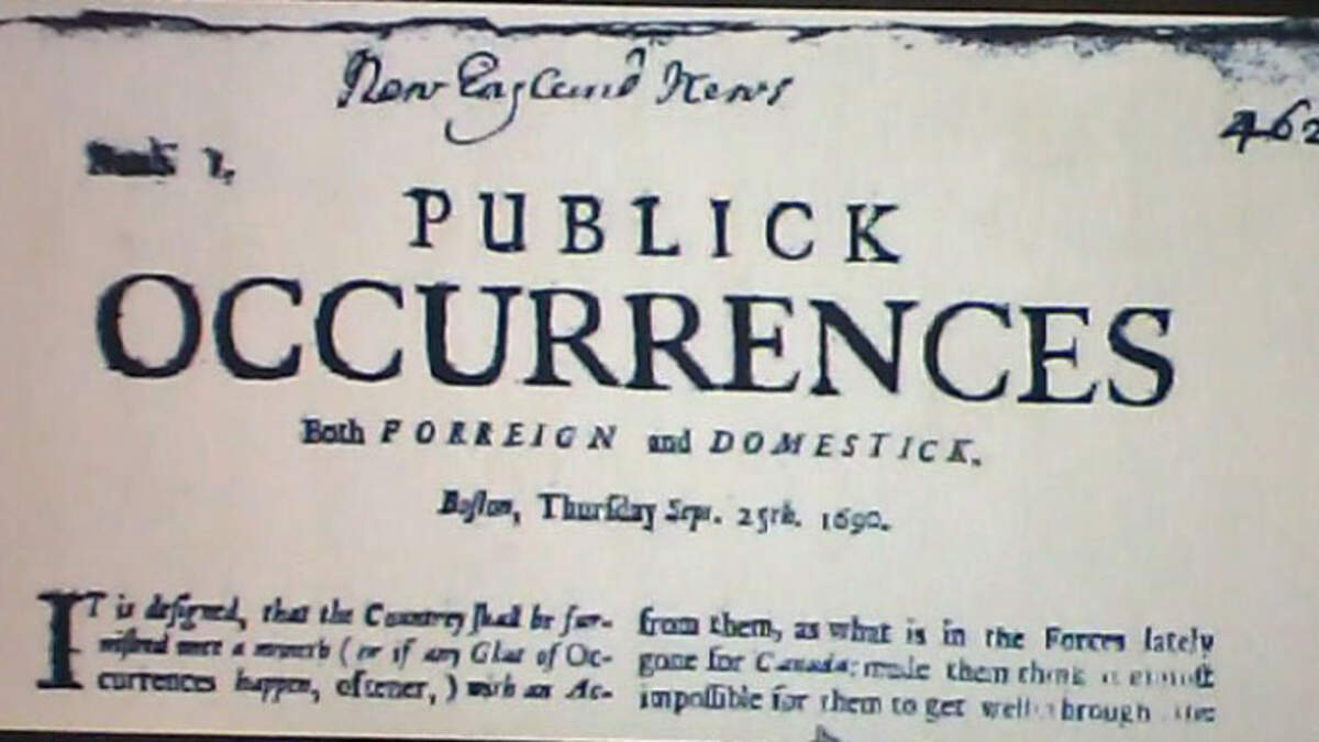 A photo of the first newspaper printed in the American Colonies in 1690.