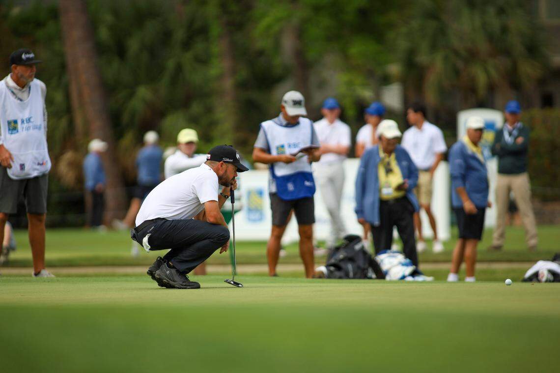 Brian Harman lines up his putt during the first round of the RBC Heritage Presented by Boeing at Harbour Town Golf Links on Thursday, April 13, 2023 in Sea Pines on Hilton Head Island.