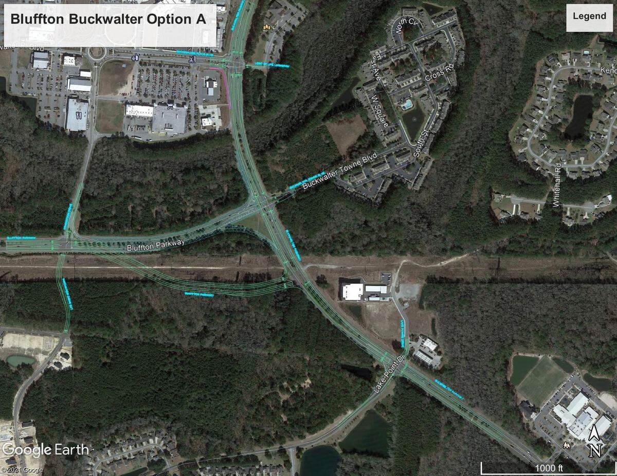 Option A for the proposed realignment of Bluffton Parkway at Buckwalter Parkway.
