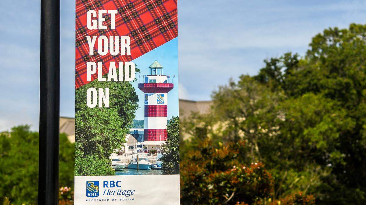 An RBC Heritage Presented by Boeing banner near the Harbour Town Golf Links clubhouse as seen on Thursday, April 6, 2023 in Sea Pines on Hilton Head Island.
