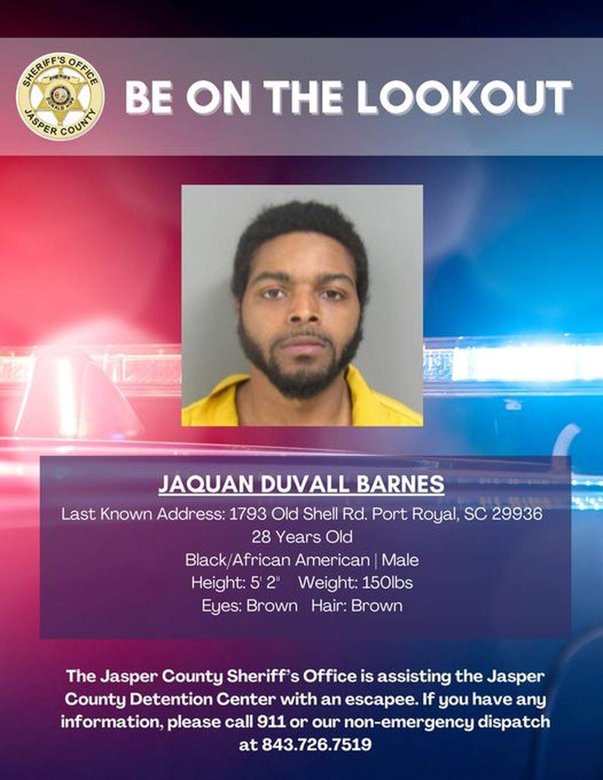A flyer provided by Jasper County police provides identifying information about Jaquan Duvall Barnes, who escaped the county detention center sometime before Monday afternoon.