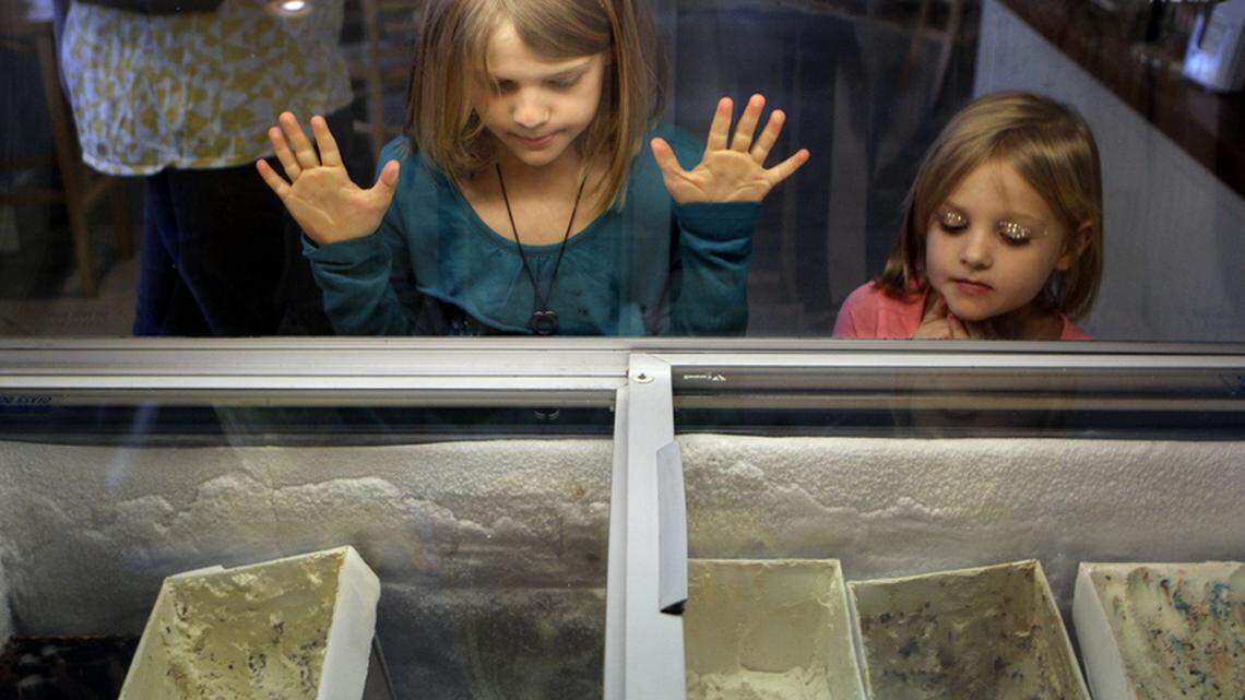 Ally Gajewski, 7, left, and her sister Anna, 5, both of Lady's Island look into the ice cream case on Friday afternoon at Berry Island Cafe on Lady's Island.  Berry Island Cafe will be closing indefinitely after 4 p.m. on Friday, and as a special on their last day of business they offered all-you-can-eat ice cream for $10.