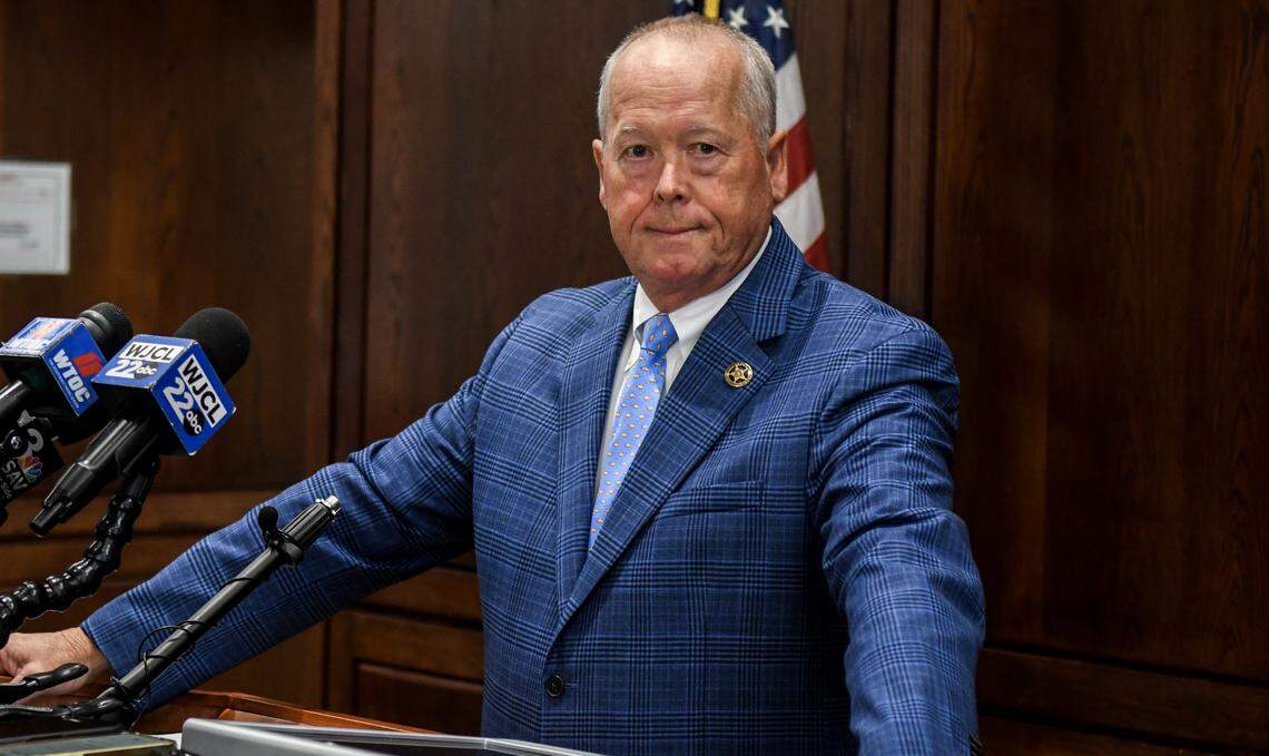 Beaufort County Sheriff PJ Tanner speaks about the early Sunday morning St. Helena Island mass shooting on Oct. 15, 2025, at the office’s headquarters on Bay Street in Beaufort.