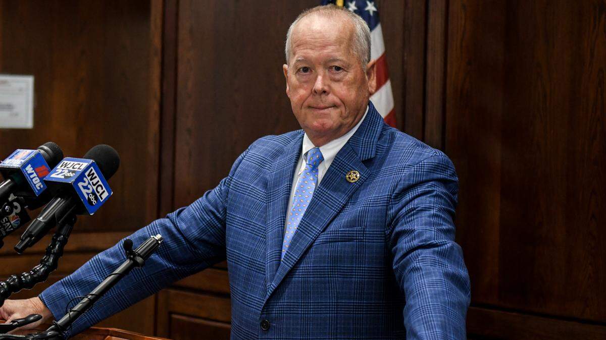 Beaufort County Sheriff PJ Tanner speaks about the early Sunday morning St. Helena Island mass shooting on Oct. 15, 2025, at the office’s headquarters on Bay Street in Beaufort.