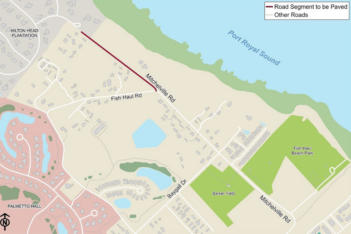 The Mitchelville Road pavement project focuses on the town-owned segment of Mitchelville Road, from its intersection with Fish Haul Road to the road’s endpoint. Work includes paving, installing drainage infrastructure to manage stormwater, striping the road and adding permanent traffic signage.