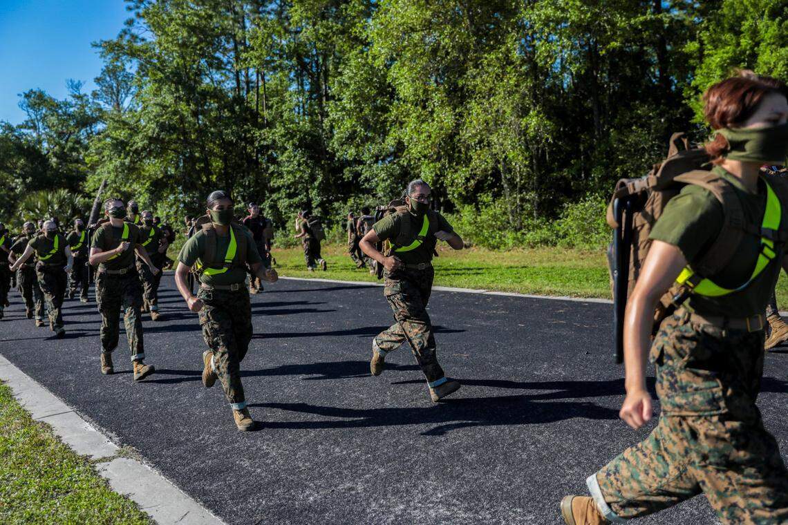 Recruits with November Company, 4th Recruit Training Battalion, participate in daily training aboard Marine Corps Recruit Depot Parris Island April 21, 2020.