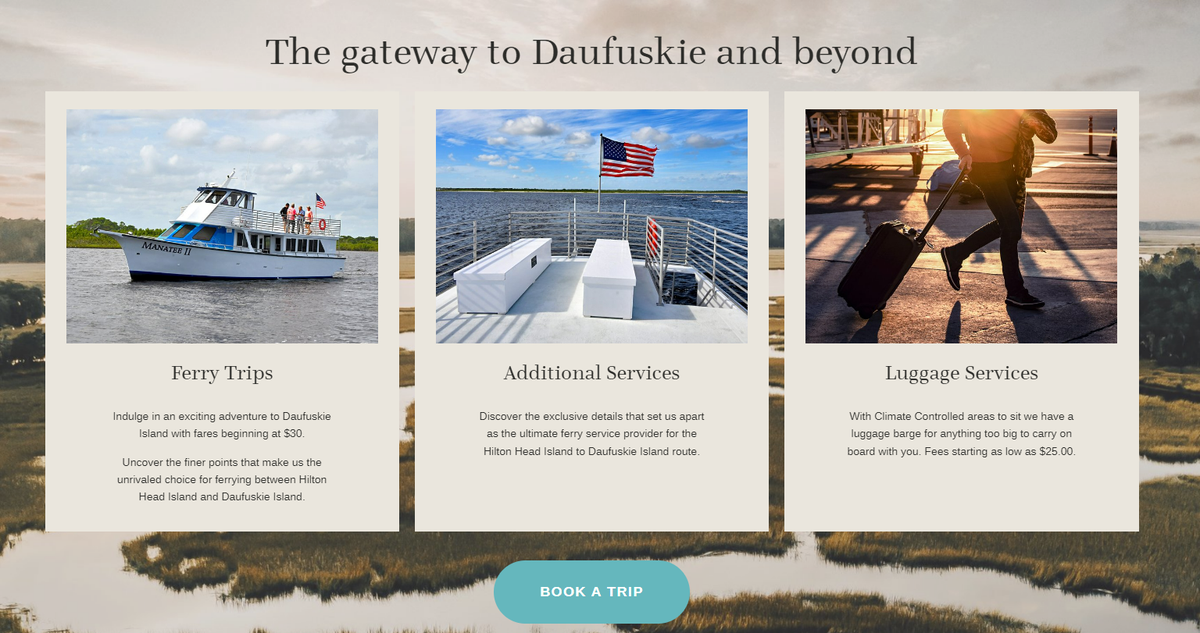 This screenshot of Lowcountry Ferry’s website shows the Manatee II in the far left photo. That boat is set to replace the temporary catamarans, according to operator Neil Turner.