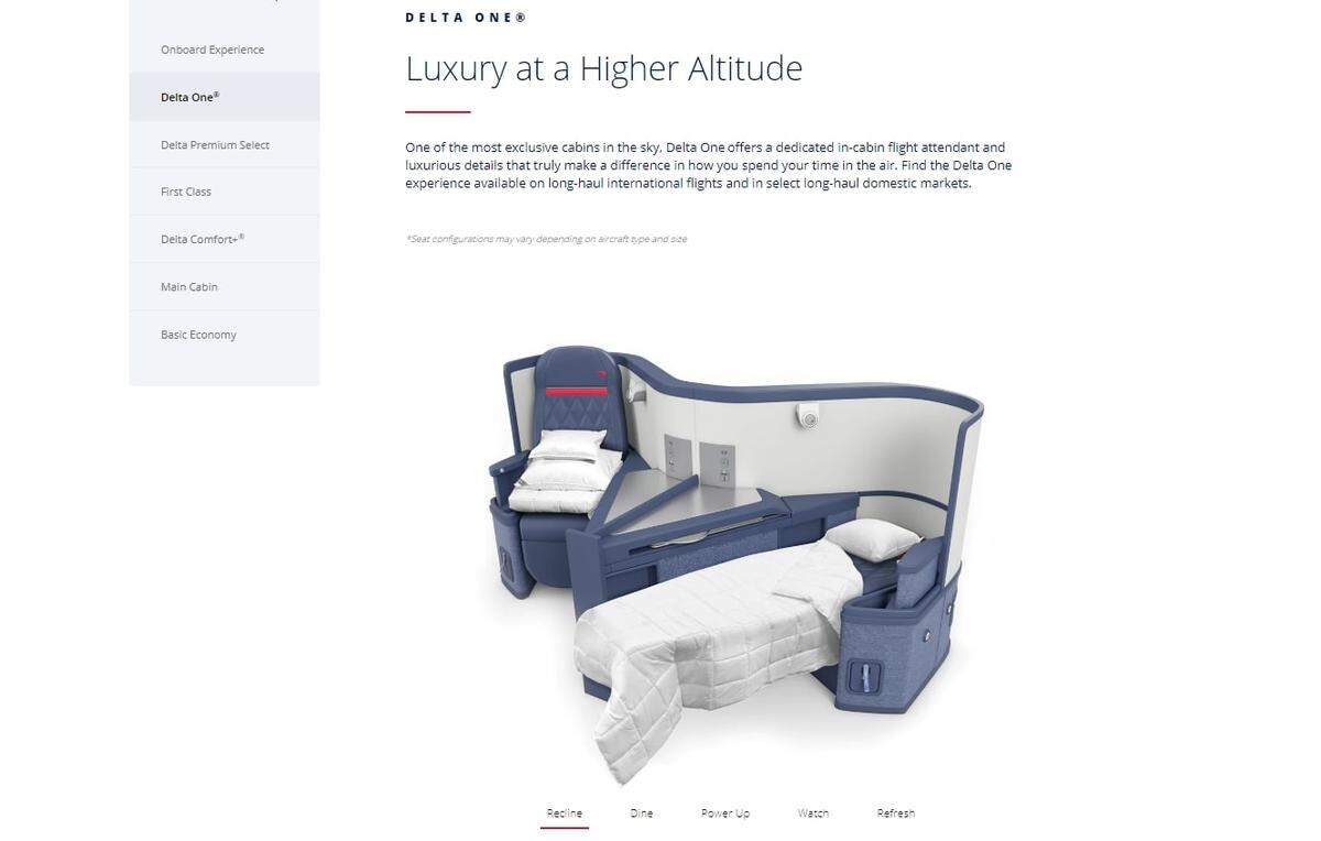 Delta One accommodations on international Delta flights, according to the Delta Air Lines website.