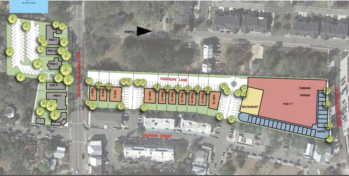 A conceptual plan for more than 4 acres for sale in Old Town Bluffton that could feature retail, restaurants, hotel and parking.