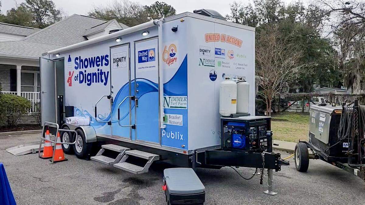 The completely self-sufficient 24-foot trailer can carry 400-hundred gallons of water for 18, 15-minute showers and a load of laundry. If connected to a water service, it can run endlessly.