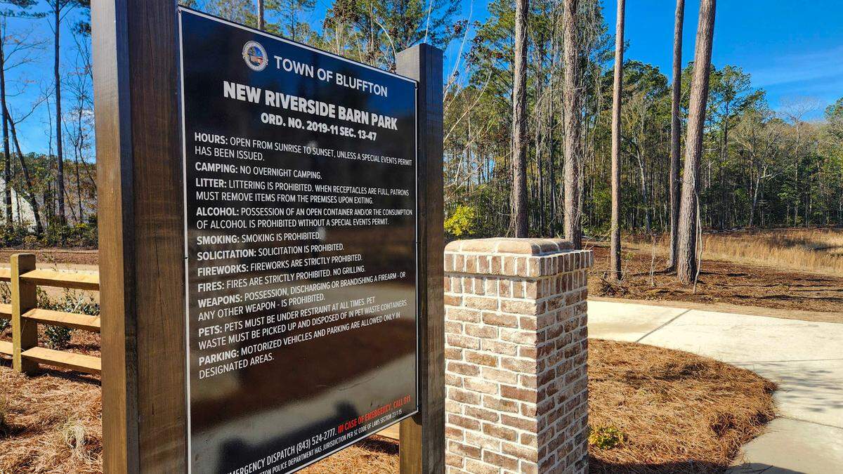 Signage at the New Riverside Barn Park as photographed on Jan. 28, 2025, is set for a grand opening on Feb. 22 in Bluffton.
