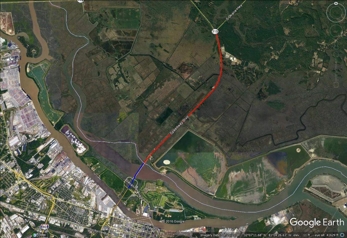The red line on this map shows the 4.2-mile section of U.S. 17, known as Speedway Boulevard, that will be widened from two to four lanes as part of a $41.9 million improvement project in Jasper County.