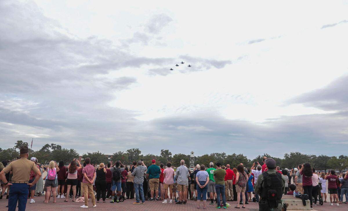 Two F-35s and two F/A-18 Hornets from Marine Corps Air Station Beaufort flew over the graduation ceremony at Marine Corps Recruit Depot Parris Island Friday in honor of outgoing Sgt. Major William Carter.