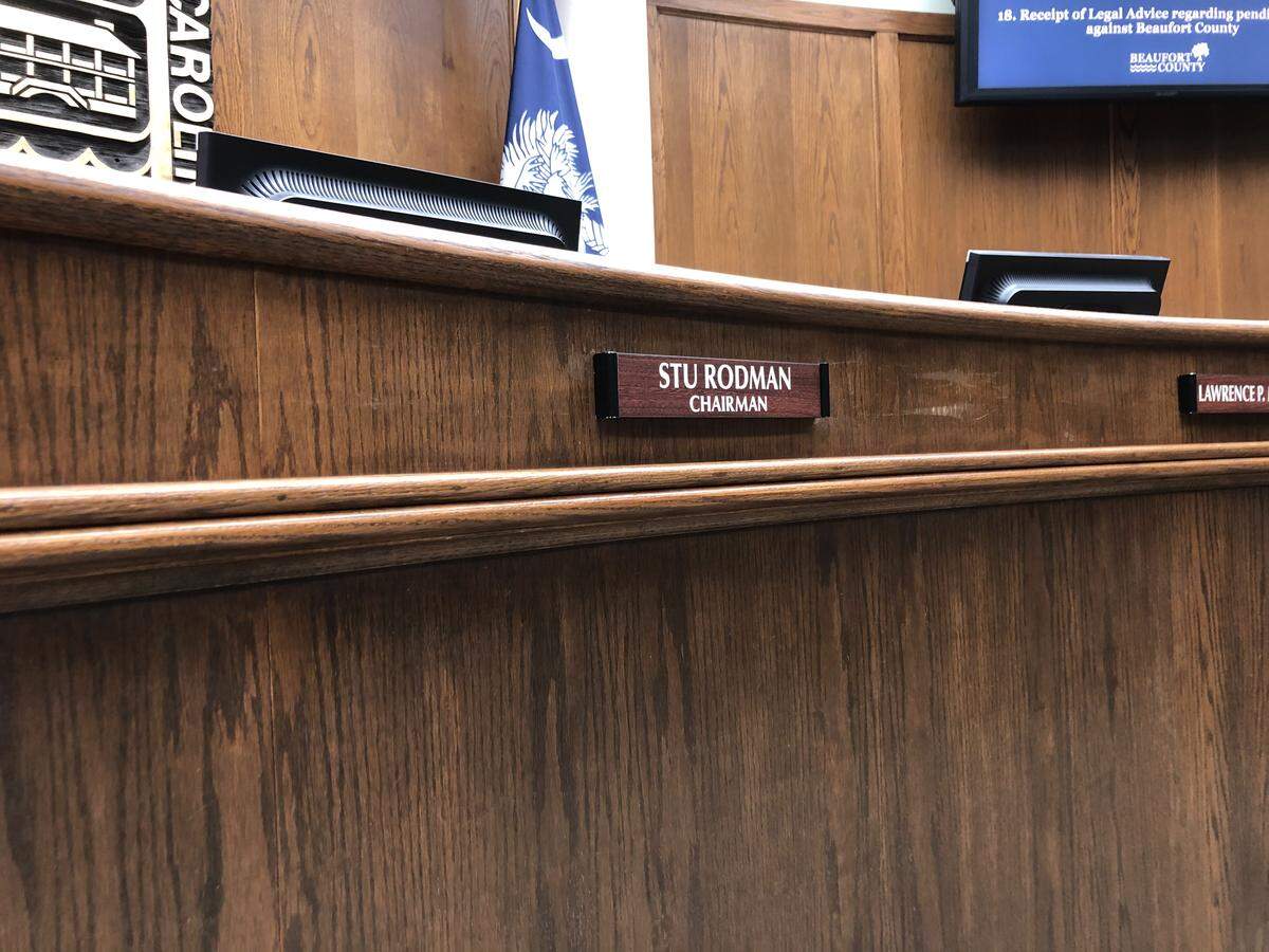Beaufort County Council Chairman Stu Rodman’s name plate is seen at Monday night’s council meeting after a surprise plan to remove Rodman as chairman failed.