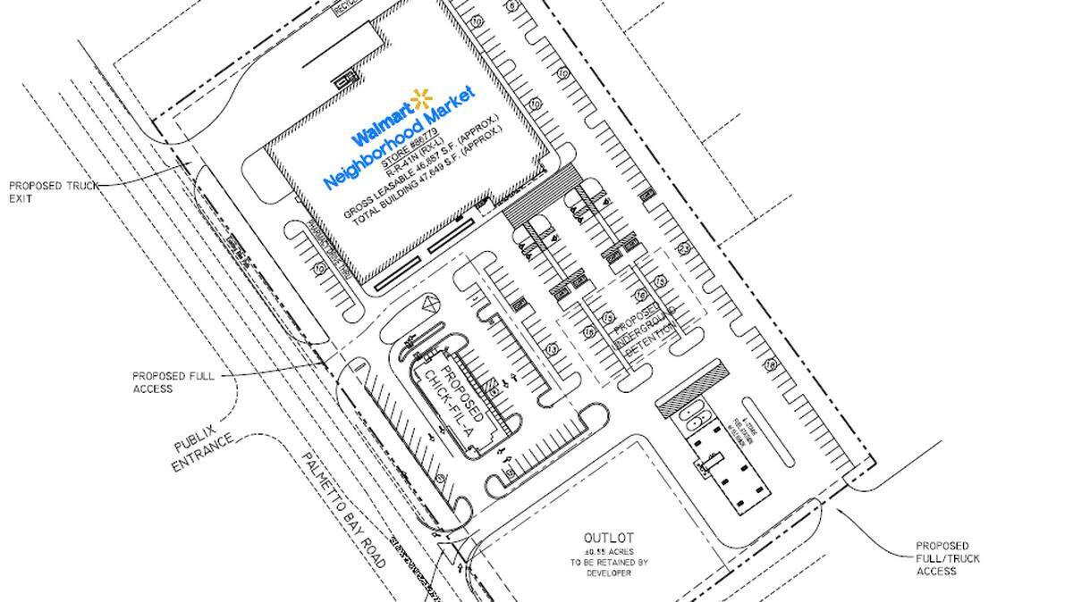This detail from a larger document shows the proposed site plan for a Walmart Neighborhood Marketplace grocery store and a Chick-Fil-A restaurant at Palmetto Bay and Target roads on Hilton Head Island.