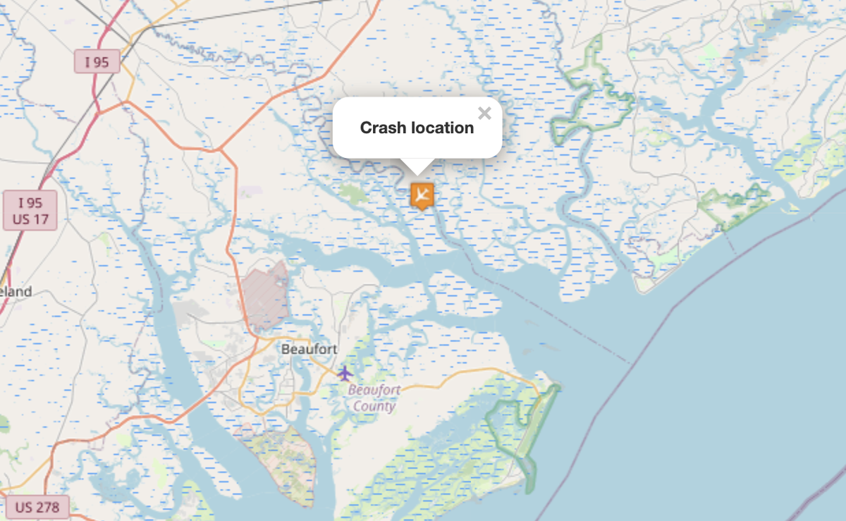 Flight records show the path of the personal plane starting at Chesapeake Regional Airport and ending near the Beaufort-Colleton county border, where the Federal Aviation Administration said it crashed in a marshy area. No fatalities were reported.